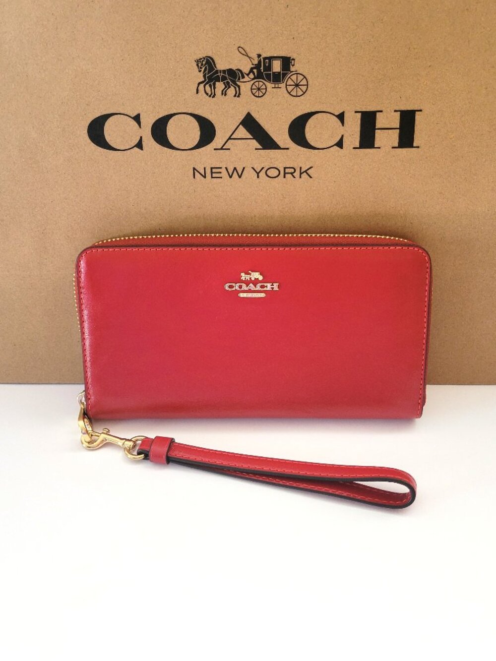 Coach CEC19 Long Zip Around Crinkle Shiny Leather Wallet Wristlet Poppy